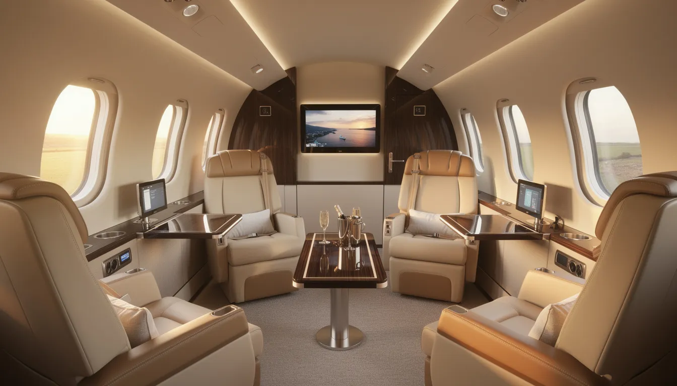 The image depicts a luxurious private jet cabin interior, featuring plush leather seating and modern amenities designed for maximum cabin comfort. This elegant space showcases the sophistication and style of private aviation, ideal for aircraft owners and their passengers.
