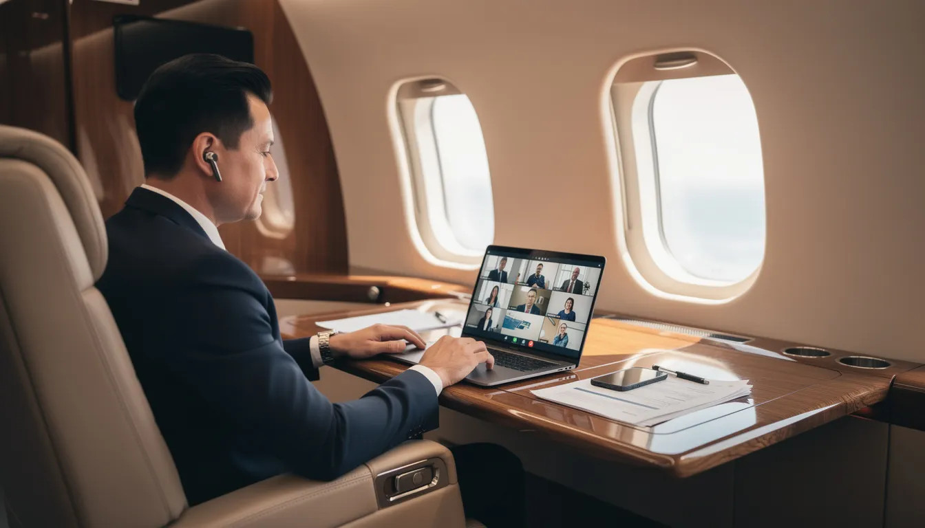 An executive is seen conducting a video conference meeting inside a luxurious private jet, showcasing the cabin's comfort and modern amenities. The aircraft, likely a light jet, highlights the benefits of private aviation for business, allowing for seamless communication while flying.
