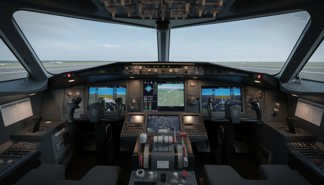 The image depicts a pilot training simulator cockpit featuring advanced flight displays and controls, designed to enhance the learning experience for aspiring aviators in the realm of private aviation. This high-tech environment allows trainees to practice takeoff and flying skills efficiently, preparing them for real-world aircraft operations.