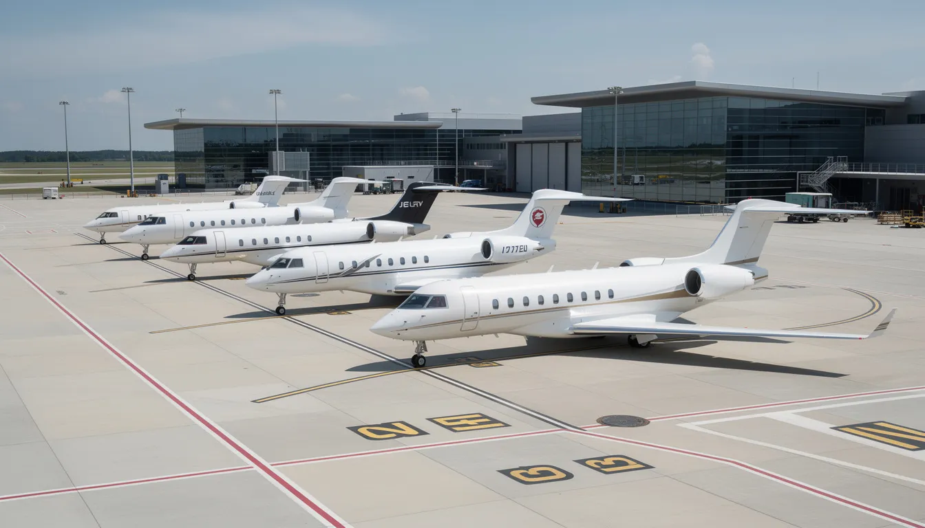 The image depicts a modern airport tarmac filled with multiple private jets of varying sizes, showcasing the diversity in private aviation. These private planes are ready for takeoff, highlighting options available for customers looking to purchase or explore aircraft sales.