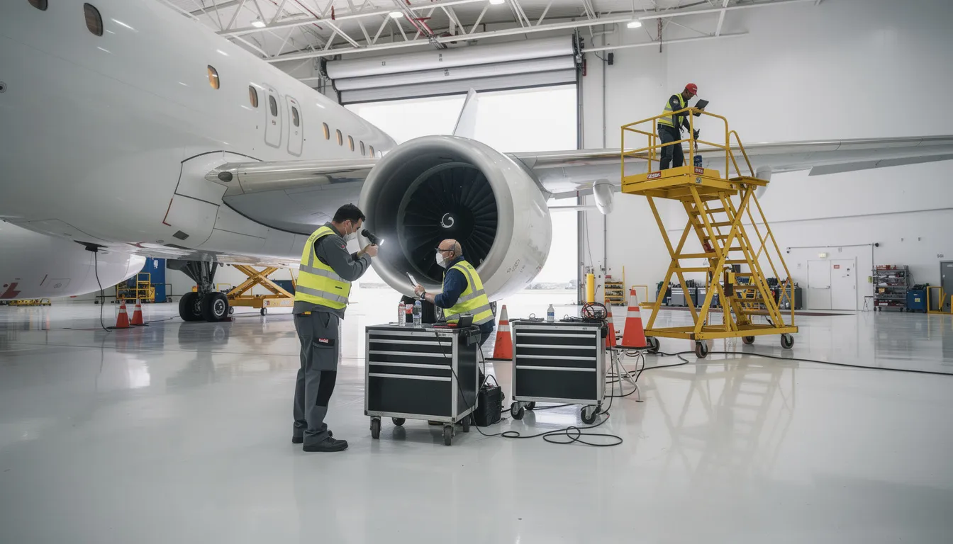The image depicts aircraft maintenance technicians diligently performing a detailed inspection of a private jet inside a modern hangar, showcasing their commitment to ensuring the safety and efficiency of private aviation. The technicians are surrounded by various tools and equipment, emphasizing the meticulous process involved in maintaining these luxury aircraft for business and leisure flying.
