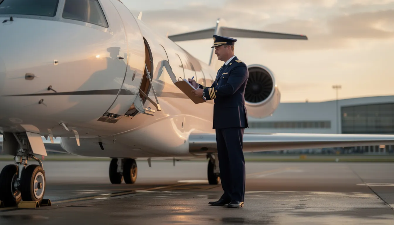 A professional pilot is performing a thorough pre-flight inspection of a luxury private jet, ensuring safety and readiness for takeoff. The aircraft features a sleek design, showcasing its high-quality interior and dedicated amenities for passengers traveling in style within the private aviation industry.