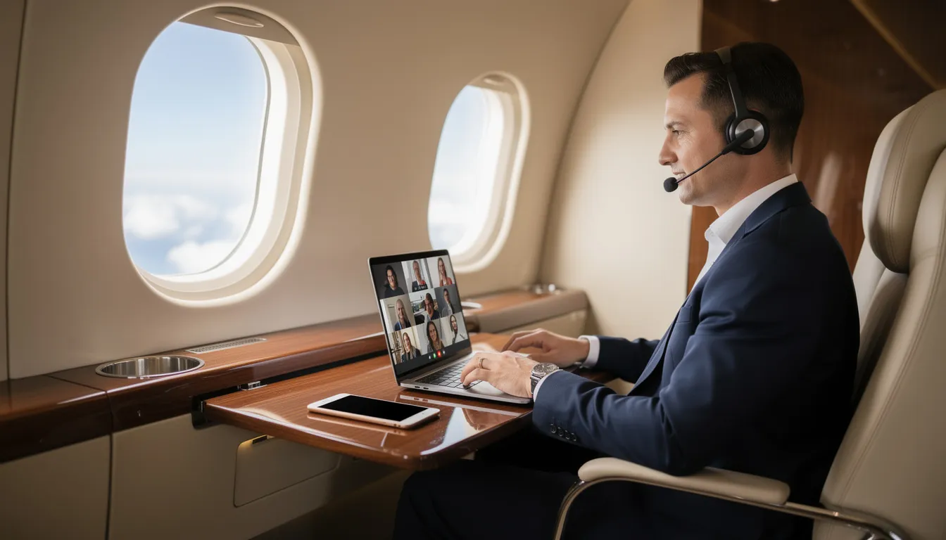 A corporate executive is conducting a video conference from the luxurious cabin of a private jet, showcasing the sleek interior and dedicated workspace. The scene highlights the efficiency and productivity of private aviation, allowing business professionals to connect while in flight.