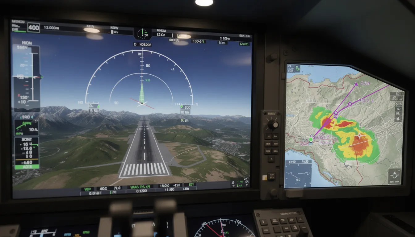 The image displays an advanced glass cockpit featuring a synthetic vision system and weather radar, essential for enhancing safety and efficiency in private aviation. This high-tech interface allows pilots to monitor flight conditions and navigate effectively, ensuring a smooth experience for passengers in private jets.