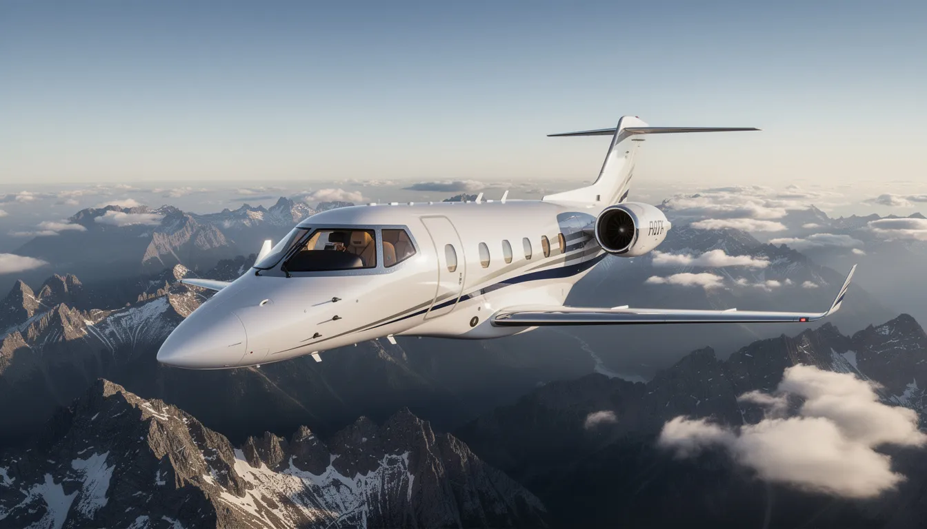 An executive light jet soars gracefully over stunning mountainous terrain, showcasing the elegance of private aviation. The aircraft, designed for business efficiency and passenger comfort, exemplifies the pinnacle of quality and performance in the private jets industry.