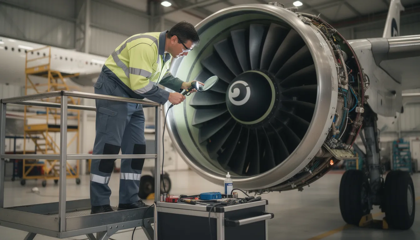 An aircraft maintenance technician is performing a detailed inspection of an engine, ensuring all components are functioning properly for the safety of passengers and the aircraft's performance. The technician is focused on verifying each part, demonstrating the meticulous work involved in maintaining pre-owned aircraft.