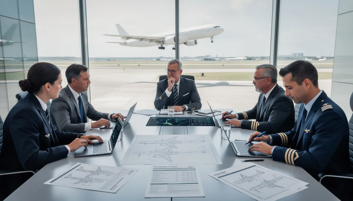 A group of financial advisors and aviation specialists are working together on aircraft financing documentation, discussing factors like credit approval and loan options for aircraft owners. They are focused on the process of securing corporate aircraft financing, including considerations for interest rates and broker fees.