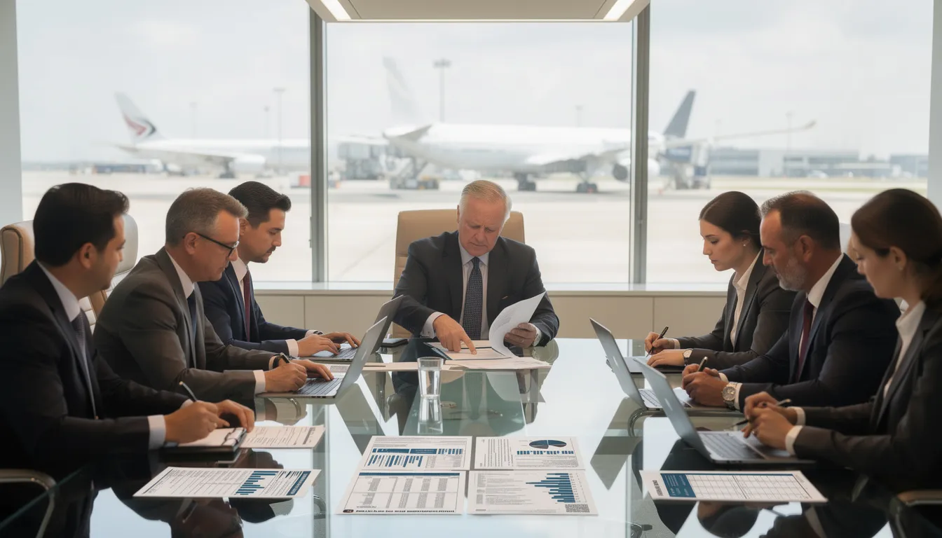 A group of business professionals is seated around a sleek conference table, reviewing aircraft financing documents, including loan agreements and tax returns, in a modern conference room filled with natural light. The atmosphere is focused as they discuss the intricacies of corporate aircraft financing and the various factors influencing interest rates and credit approval.
