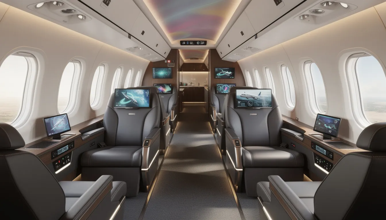 The image depicts an ultra-modern aircraft interior, showcasing luxury seating designed for comfort and advanced technology systems that enhance the flying experience. This luxurious environment highlights the importance of aircraft financing options for potential aircraft owners looking to purchase or lease their own airplane.