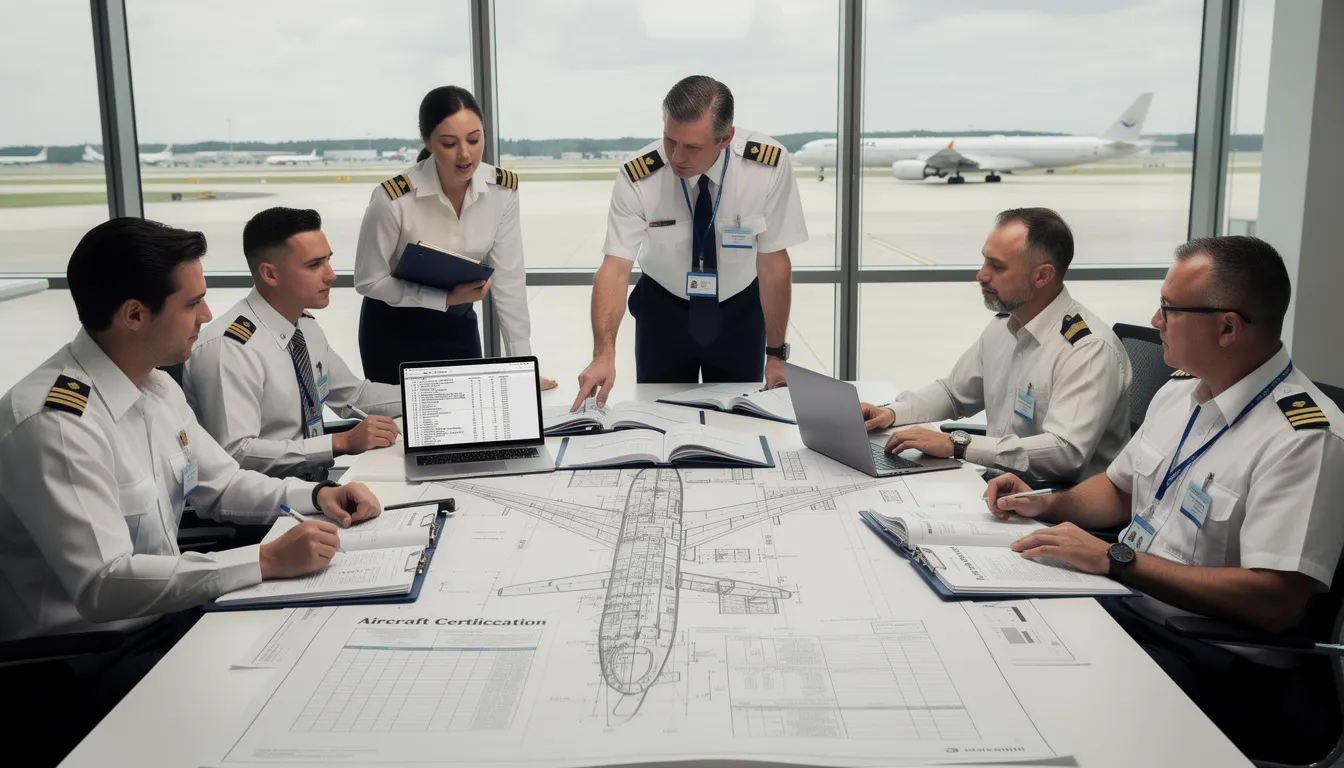 A group of aviation professionals is gathered around a table, intently reviewing aircraft documentation and certification materials related to flight planning and maintenance for airplanes like the Boeing 737. They are discussing important aspects such as fuel consumption and type rating, highlighting the significance of these documents in the operation and sale of aircraft in the aviation industry today.