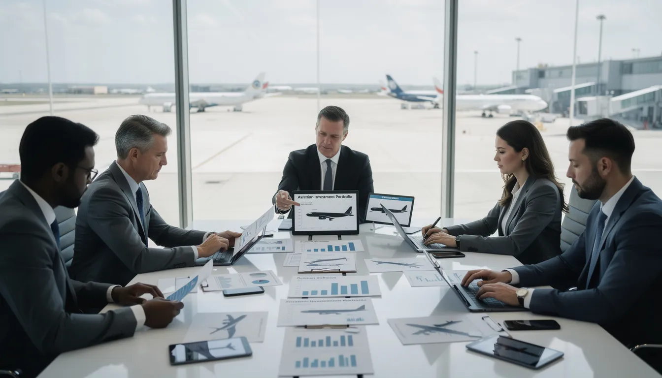 In a modern office setting, financial professionals are engaged in reviewing aviation investment documents, focusing on major investments in aircraft like the Boeing 737. The scene captures a collaborative atmosphere as they discuss flight planning, maintenance, and fuel consumption, highlighting the importance of informed decision-making in the aviation industry.