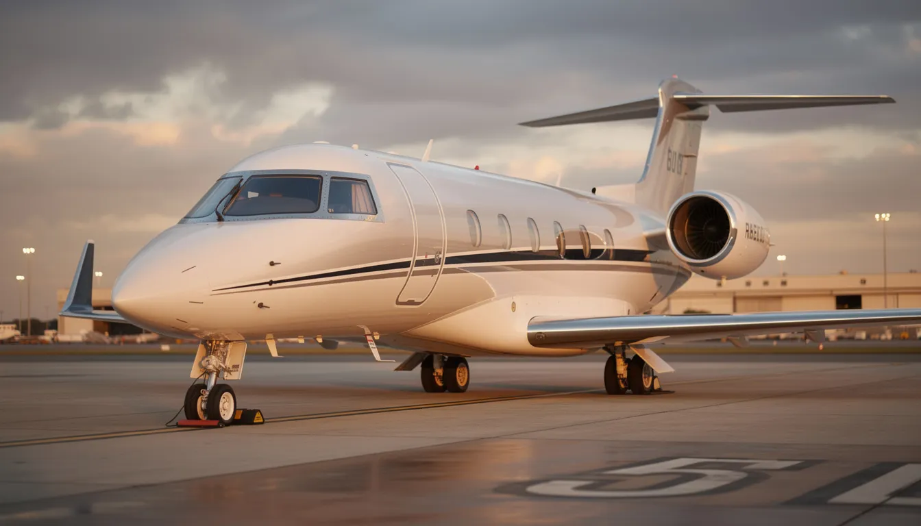 The image depicts a luxury private jet parked on a tarmac, showcasing its sleek exterior design and polished finish. This private plane represents the pinnacle of private aviation, offering unparalleled convenience and comfort for its passengers.