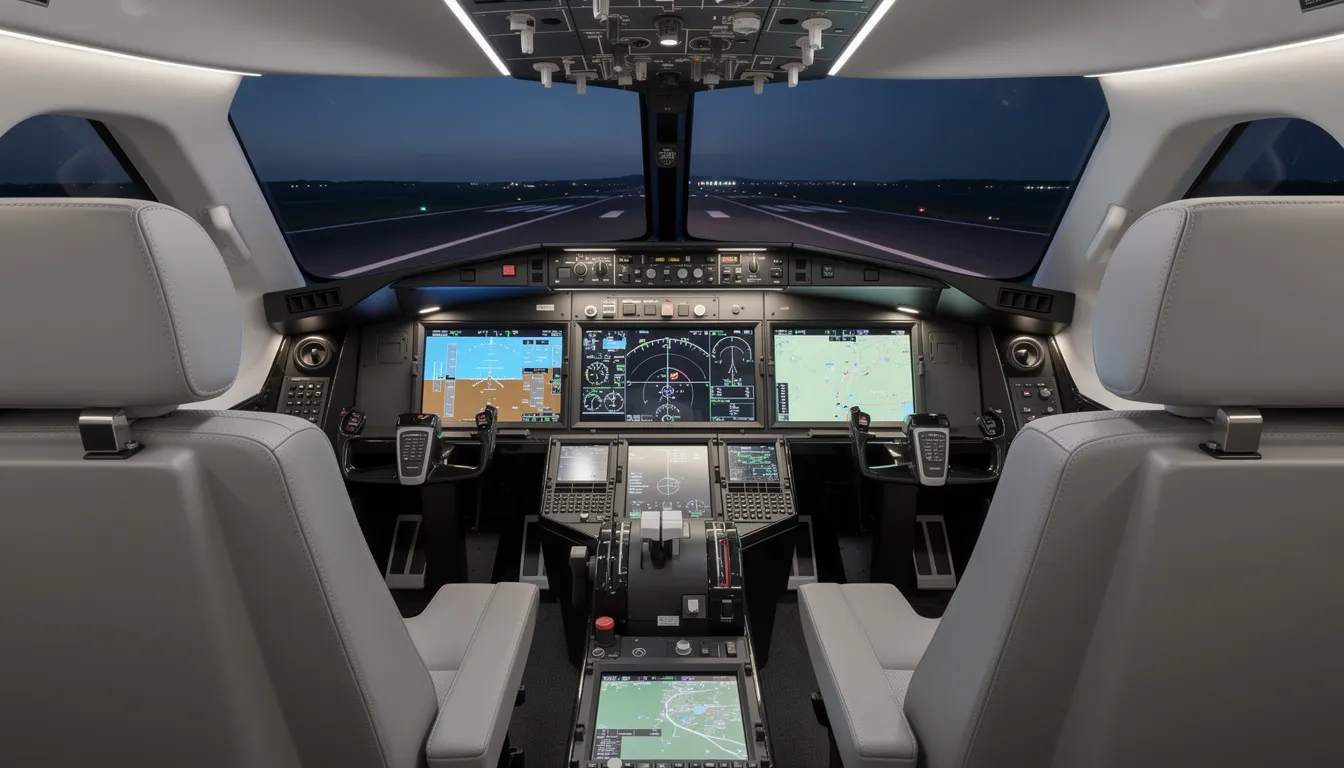 The image depicts a modern private jet cockpit equipped with advanced avionics, showcasing high-tech instruments and controls that enhance the flying experience. This sophisticated environment highlights the benefits of private aviation, offering unparalleled convenience for aircraft owners.