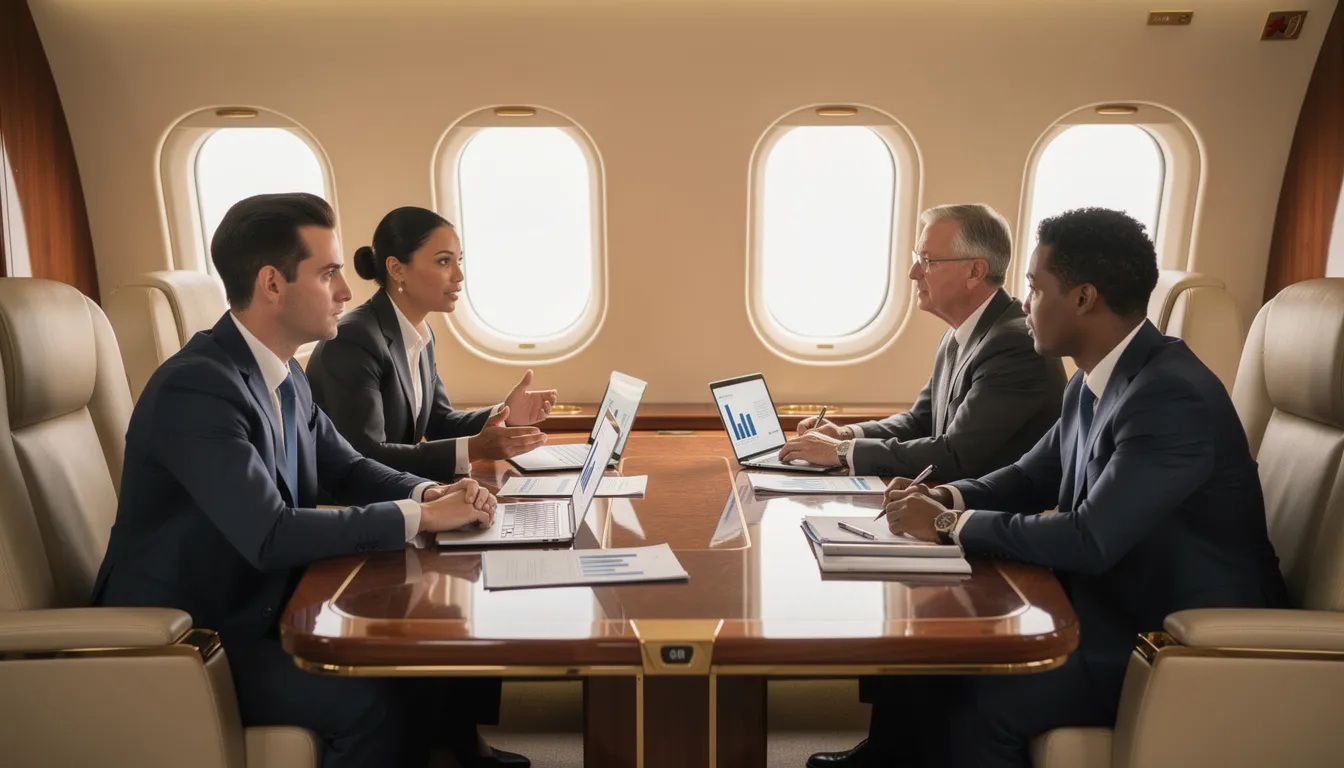 The image depicts an executive meeting taking place in the luxurious cabin of a private jet, showcasing a polished interior with comfortable seating and a sleek design. This setting emphasizes the unparalleled convenience of private aviation, highlighting the benefits of owning a private plane for business discussions away from the distractions of commercial flights.