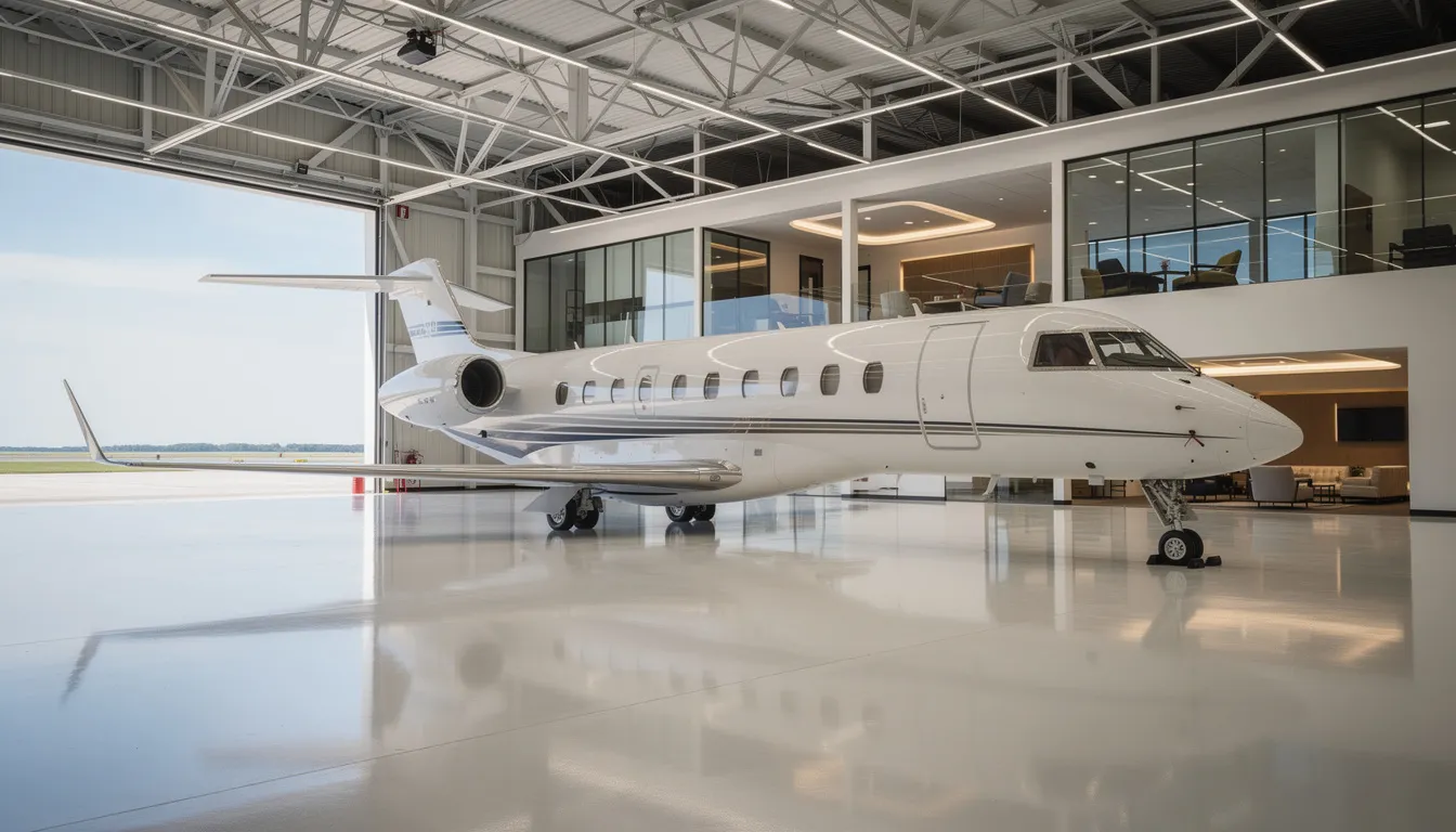 A modern private jet aircraft is showcased in a premium hangar facility, highlighting its sleek design and luxurious features, ideal for private aviation enthusiasts. This stunning luxury aircraft represents the pinnacle of comfort and efficiency, perfect for business or leisure travel.
