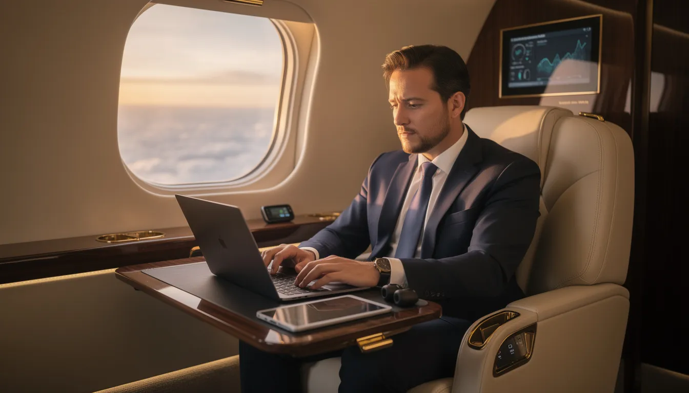 An executive is seated in the luxurious cabin of a private jet, equipped with modern technology and stylish furnishings, showcasing the comfort and opulence of private aviation. The interior reflects the ultimate in luxury aircraft design, emphasizing productivity and convenience for business travelers.