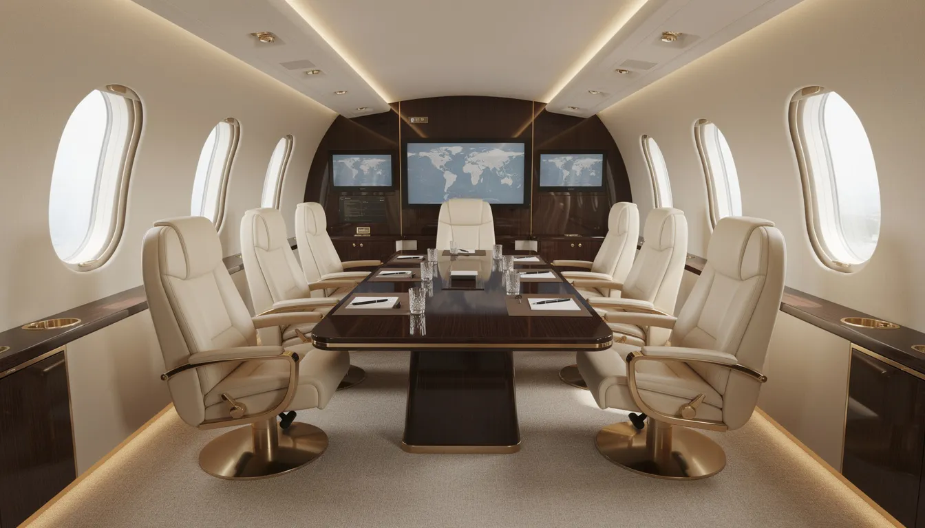 The image showcases a luxurious private jet cabin interior, featuring elegant executive seating arranged in a conference setup, designed for comfort and productivity during flight. This opulent space represents the pinnacle of private aviation, ideal for business travelers seeking an efficient and stylish travel experience.