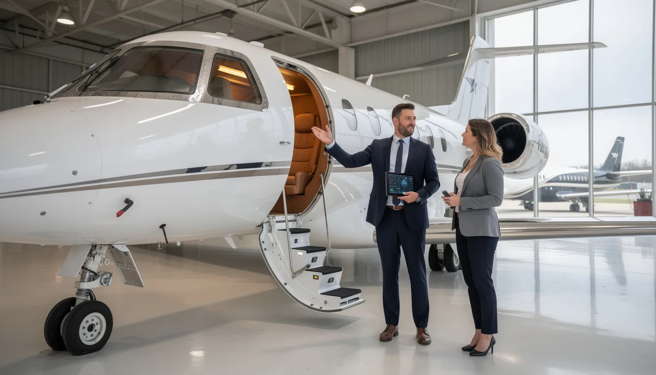 A professional aircraft broker is showcasing the luxurious interior details of a private jet, highlighting features that cater to the comfort and privacy of passengers. The setting emphasizes the opulence and innovative design of the luxury aircraft, aimed at potential buyers interested in private aviation options.