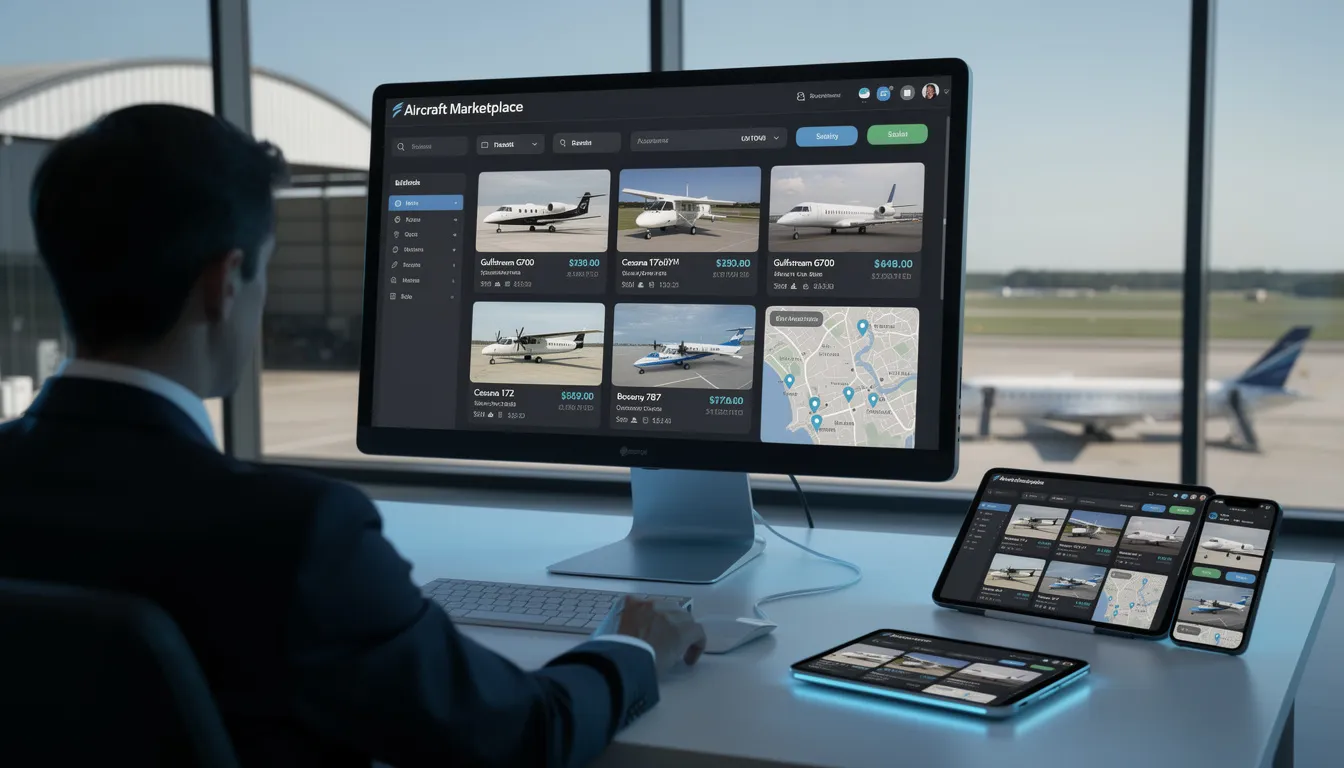 The image depicts a vibrant aircraft marketplace showcasing various private jets available for sale, emphasizing the luxurious options for high net worth individuals considering private jet ownership. Potential buyers can explore pre-owned aircraft, alongside information on purchase prices, operating costs, and the benefits of owning a private plane for their travel needs.