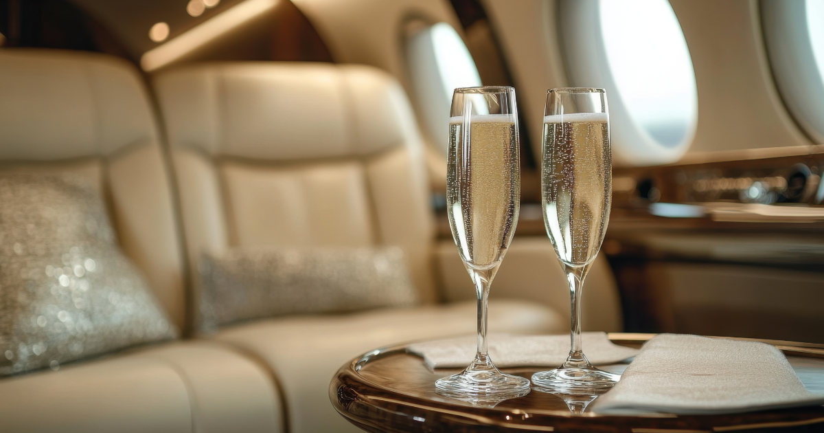 Luxury jet interior with drinks