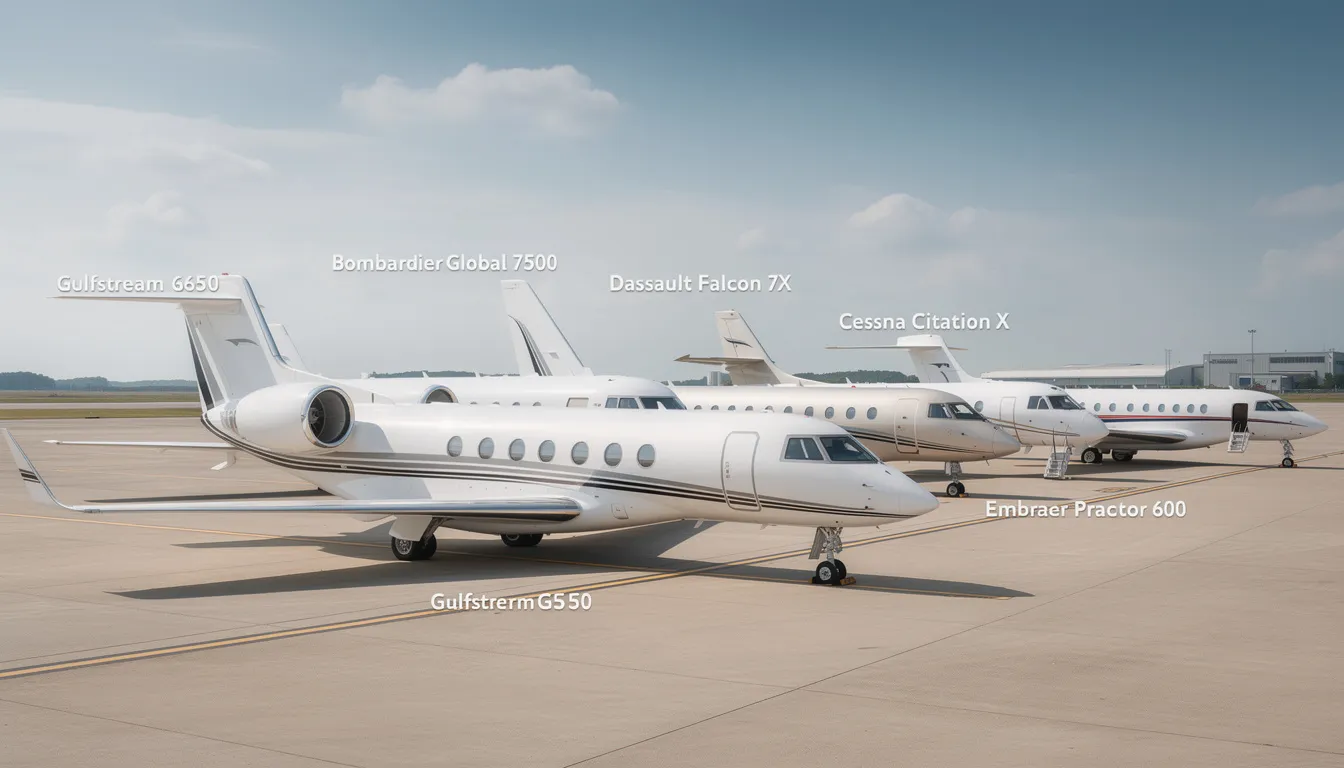The image showcases a selection of popular private jets, highlighting their sleek designs and luxurious interiors, perfect for business travel. Each aircraft represents a unique model available for purchase, emphasizing the benefits of private aviation and the various options for potential buyers in the aircraft sales market.