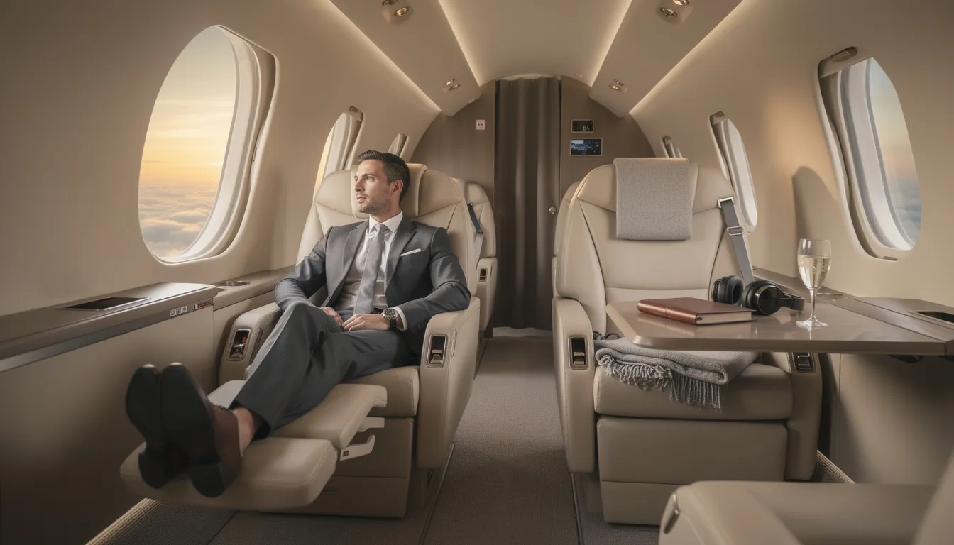 The image depicts a luxurious private jet, symbolizing the lavish lifestyle associated with private aviation. It highlights the elegance of travel enjoyed by individuals like Emma Hernan from "Selling Sunset," who is known for her real estate success and regularly charters private jets for her trips, including to beautiful destinations like Cabo San Lucas.