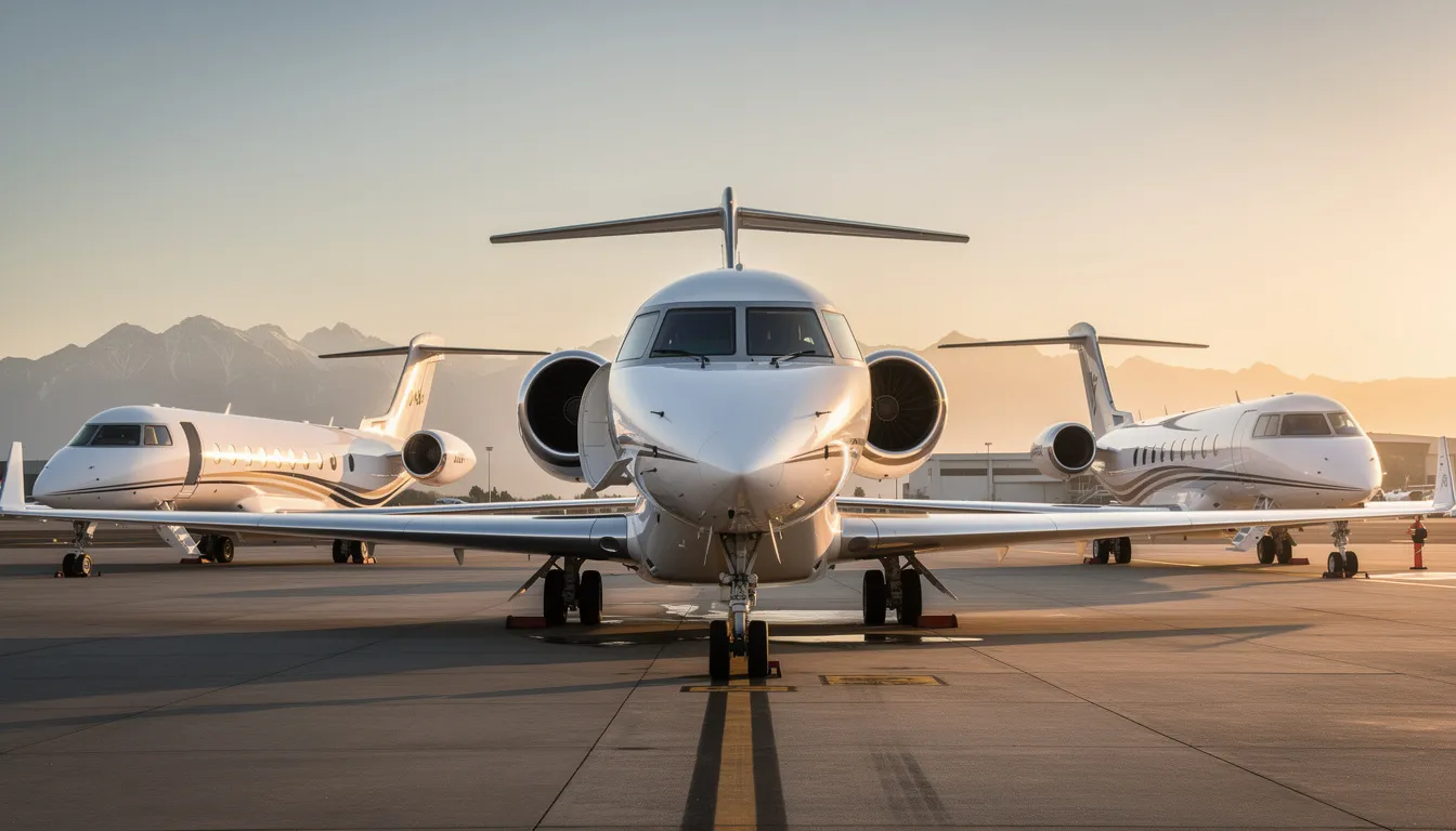 The image showcases a collection of the latest large-cabin private jets for sale, highlighting various advanced models from renowned manufacturers like Boeing and Bombardier. These luxurious aircraft are designed for efficient flying, offering comfort for passengers and showcasing the pinnacle of private aviation.