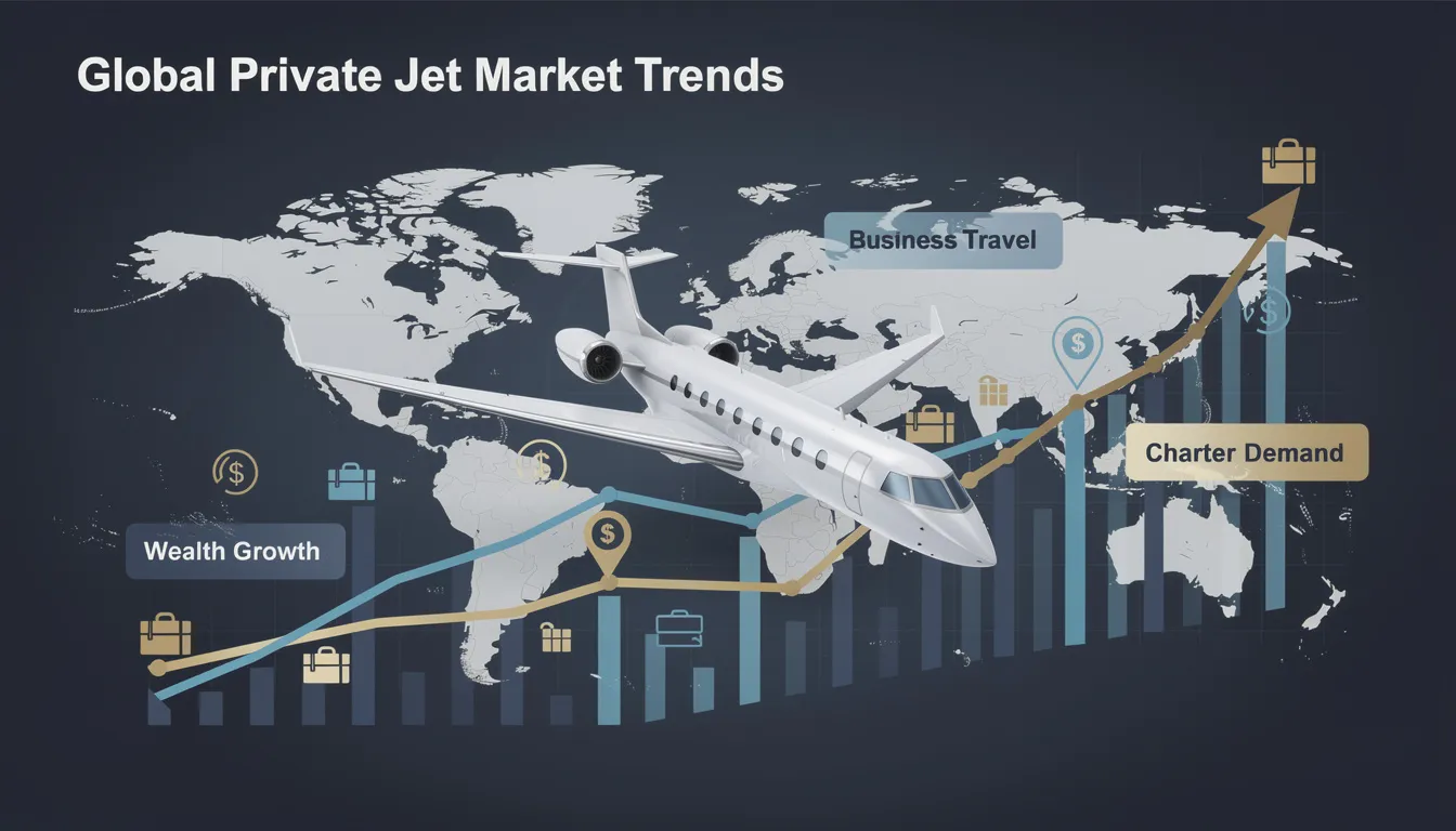 The image illustrates current trends in the private jet market, showcasing various models of private jets for sale, including options from renowned manufacturers like Boeing and Bombardier. It highlights the growing interest in private aviation, emphasizing the comfort and efficiency of owning a jet for flying passengers around the world.