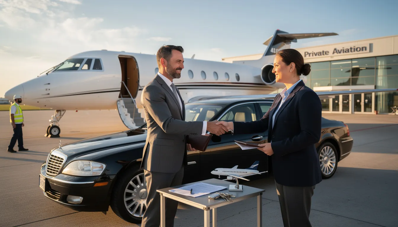 The image depicts a luxurious private jet parked on a tarmac, showcasing its sleek design and high-end features. This visual represents the buying and owning experience of private jets, highlighting aspects like reliability and factory warranty, with a focus on options available in the market for potential buyers.