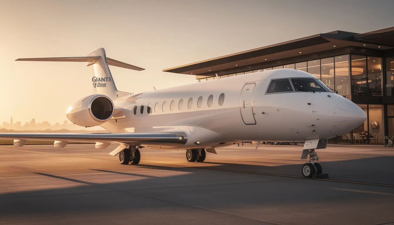 The image showcases a luxurious private jet, representing the giants of private aviation, with sleek lines and a polished exterior. This aircraft epitomizes the elegance and efficiency of private jets, designed for business and leisure travel, highlighting the sophistication and commitment to performance in the aviation industry.