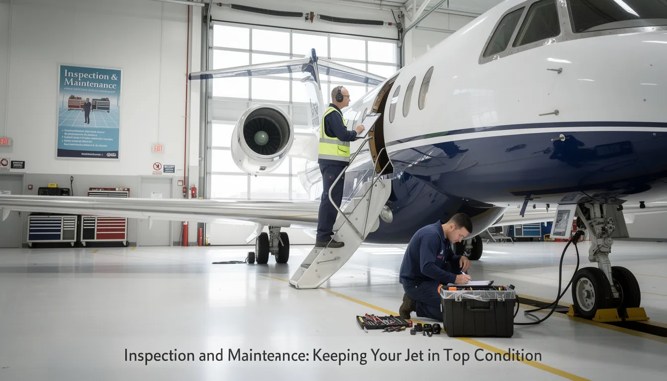The image depicts a team of professionals conducting inspection and maintenance on a luxury private jet, ensuring its top condition for efficient performance and reliability. This essential service highlights the importance of regular upkeep for private aircraft, enhancing the flying experience for clients and maximizing the aircraft's value in the private aviation market.