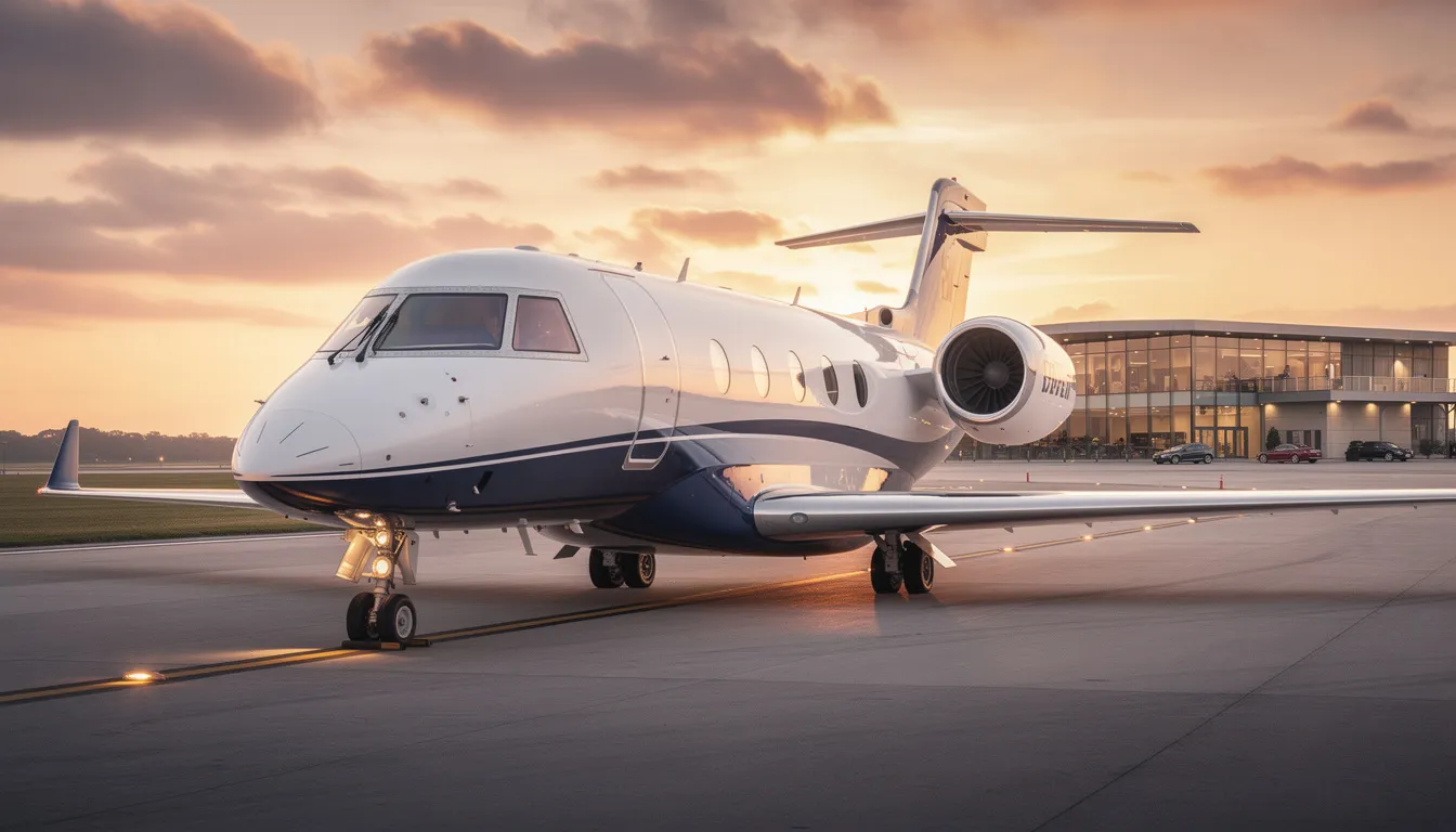 The image features a sleek and luxurious Premier Business Jet, showcasing its advanced technology and spacious cabin designed for unmatched comfort. This ultra long range jet is ideal for global travel, offering efficient operation and premium amenities for passengers flying to major airports around the world.