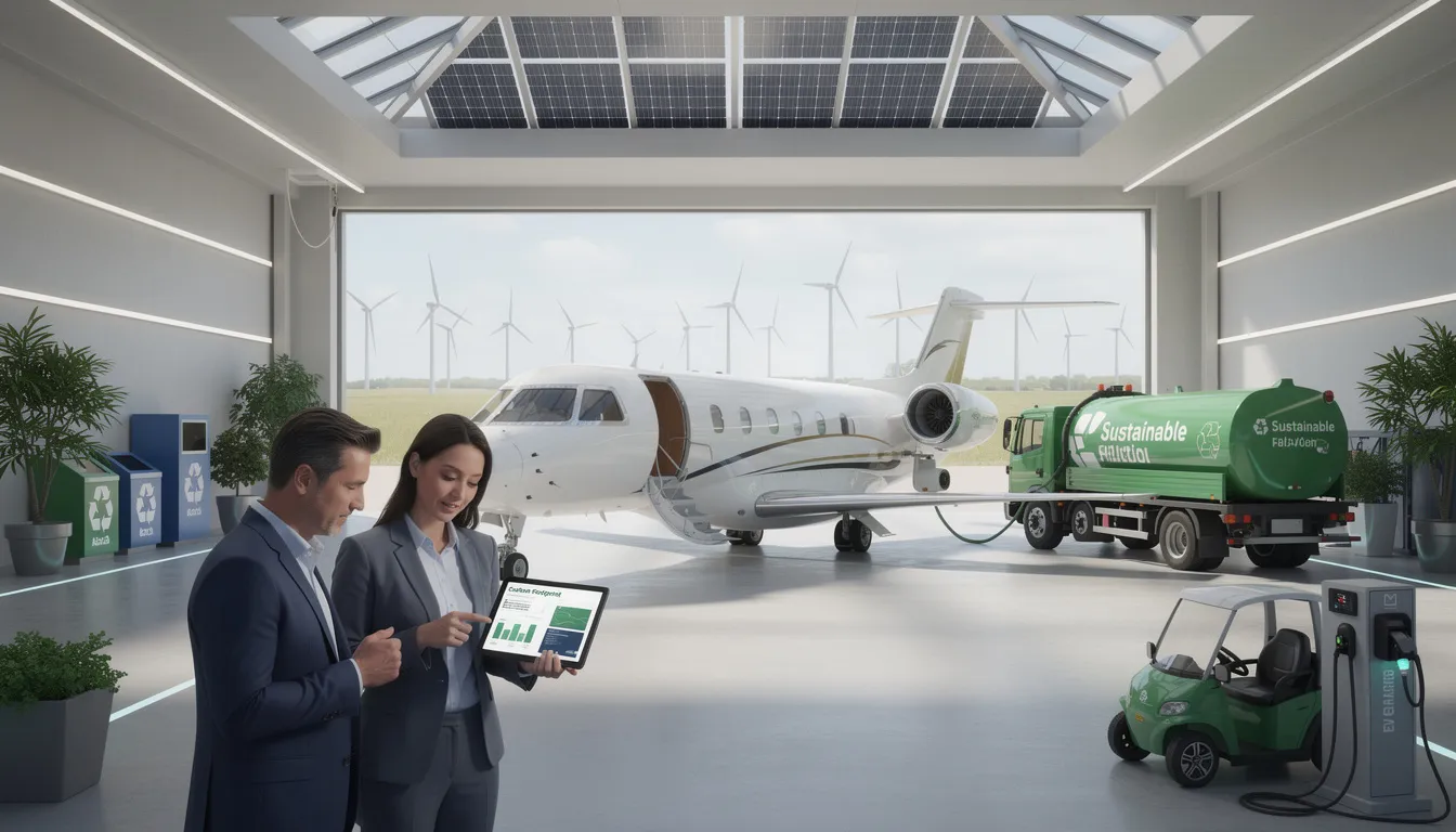 The image illustrates the concept of sustainability in aircraft ownership, featuring various private jets, including models like the Cirrus Vision Jet and Embraer Phenom, highlighting their luxurious interiors and efficient performance. It emphasizes the benefits of private aviation, such as convenience and long-range capabilities, while showcasing the innovative features that make these aircraft ideal for eco-conscious business travel.