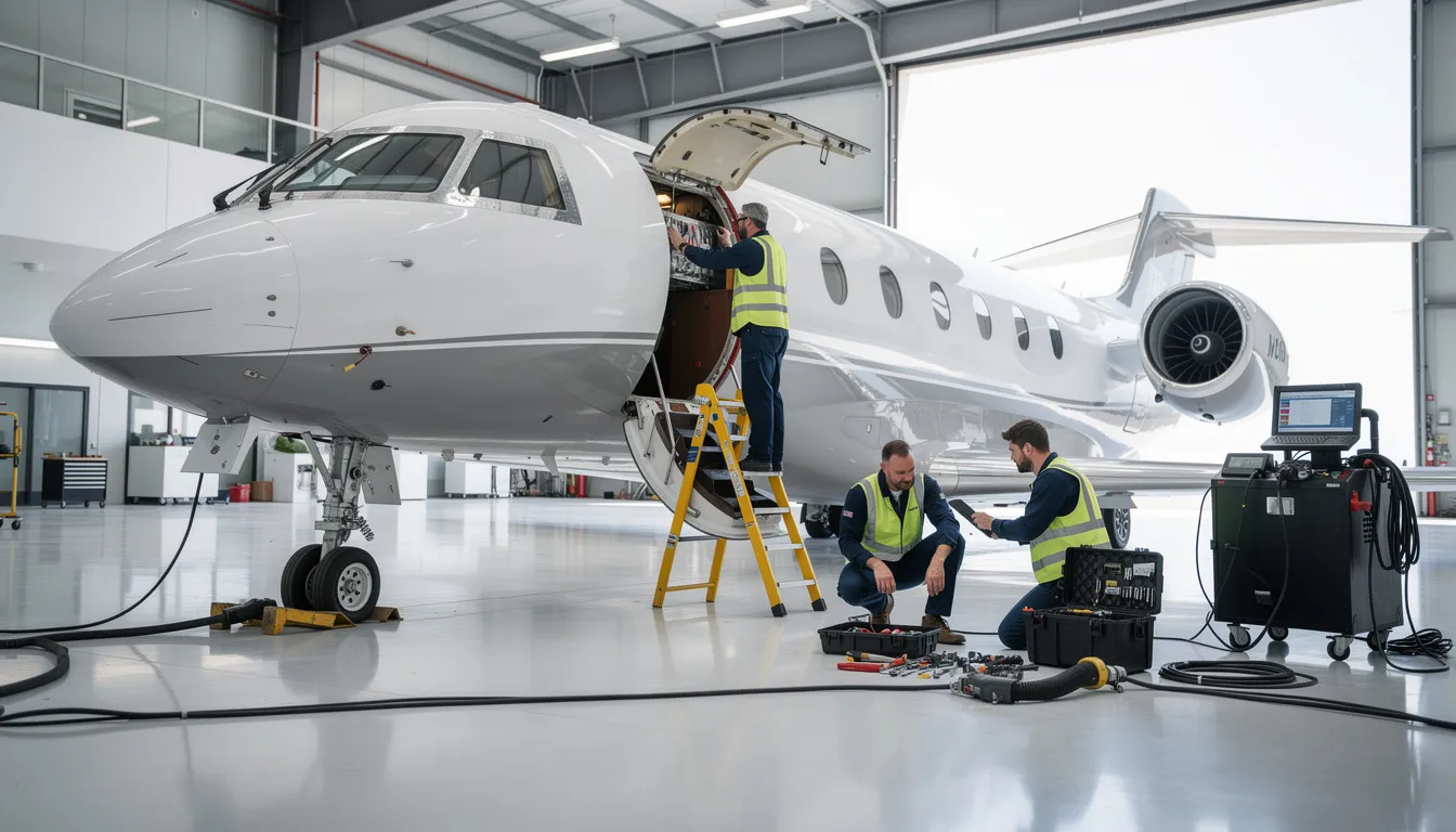 The image depicts a private jet undergoing maintenance, showcasing both the exterior and interior of the aircraft. Technicians are visible, ensuring the aircraft is ready for safe flying, highlighting the importance of private aviation upkeep for optimal performance.