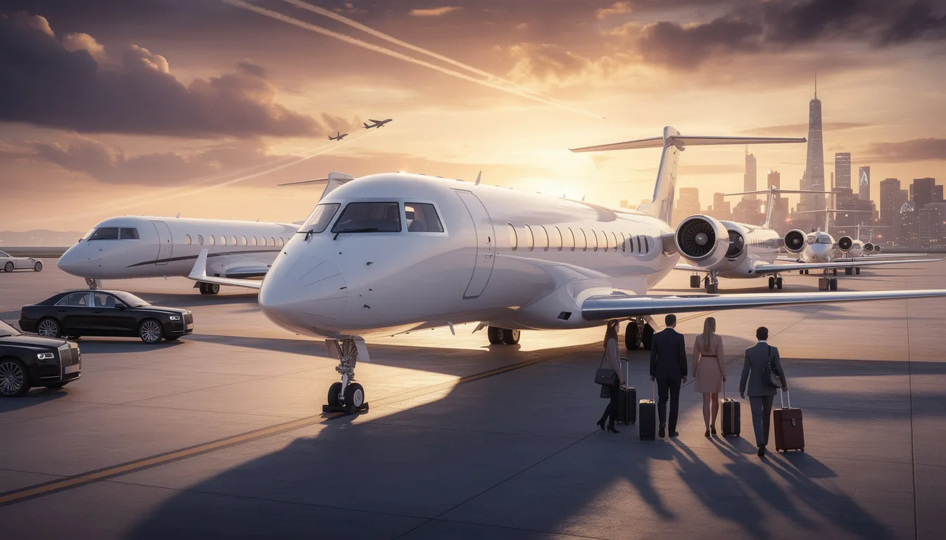 The image depicts the rise of private jets in the luxury aviation market, showcasing sleek aircraft like Gulfstream and Dassault models that symbolize comfort and style for discerning clients. This visual emphasizes the importance of consulting services and pre-purchase inspections in ensuring a confident buying experience for interested passengers.