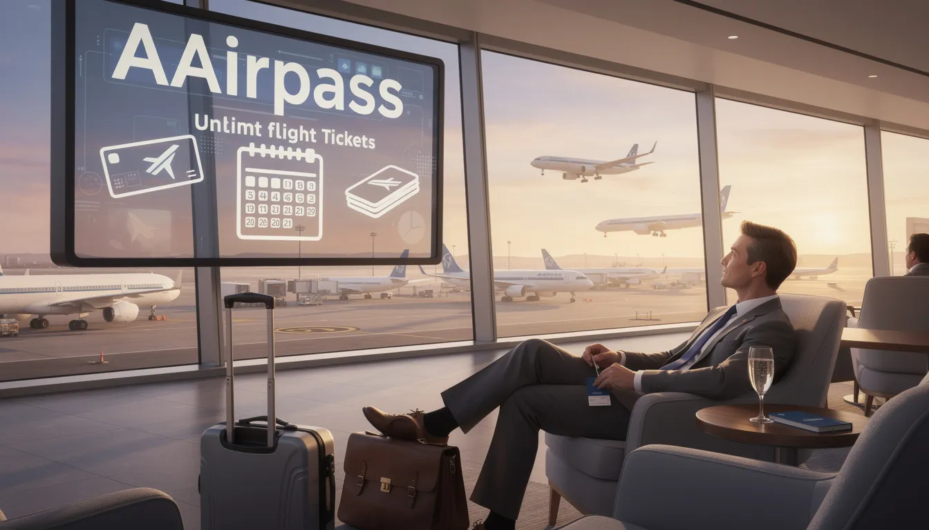 The image depicts a vintage advertisement for the American Airlines AAirpass, showcasing the allure of unlimited air travel with a lifetime membership. It highlights the benefits of first-class flights, companion passes, and the excitement of international travel, inviting customers to explore the world without the constraints of ticket sales.