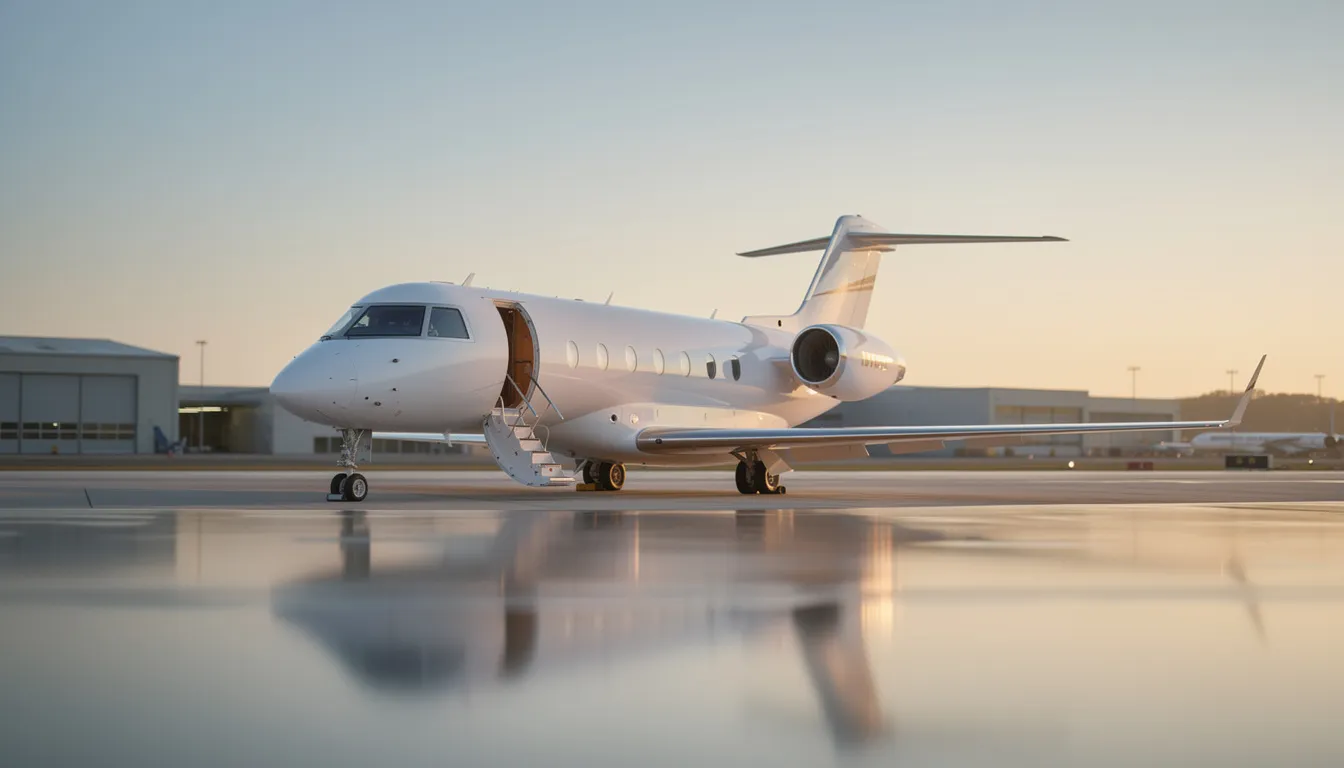 The image depicts a luxurious private jet interior, showcasing plush leather seats arranged in a spacious layout designed for first-class travel. This exclusive setting highlights the elegance of private aviation, offering unlimited access to comfort and convenience for discerning passengers.