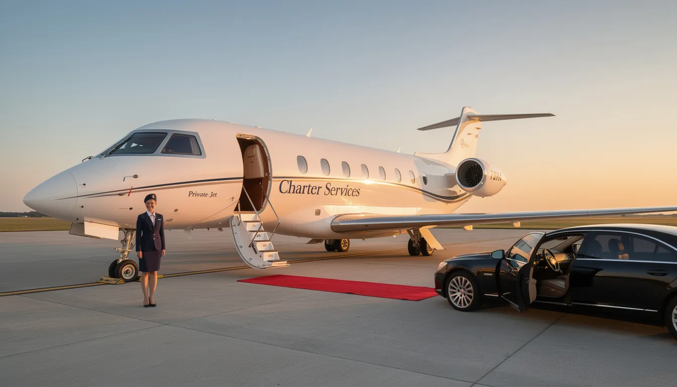 The image showcases a luxurious private jet, symbolizing airshare's charter services and personalized flying experience. It highlights the exceptional service and immediate availability offered to valued customers for stress-free travel.