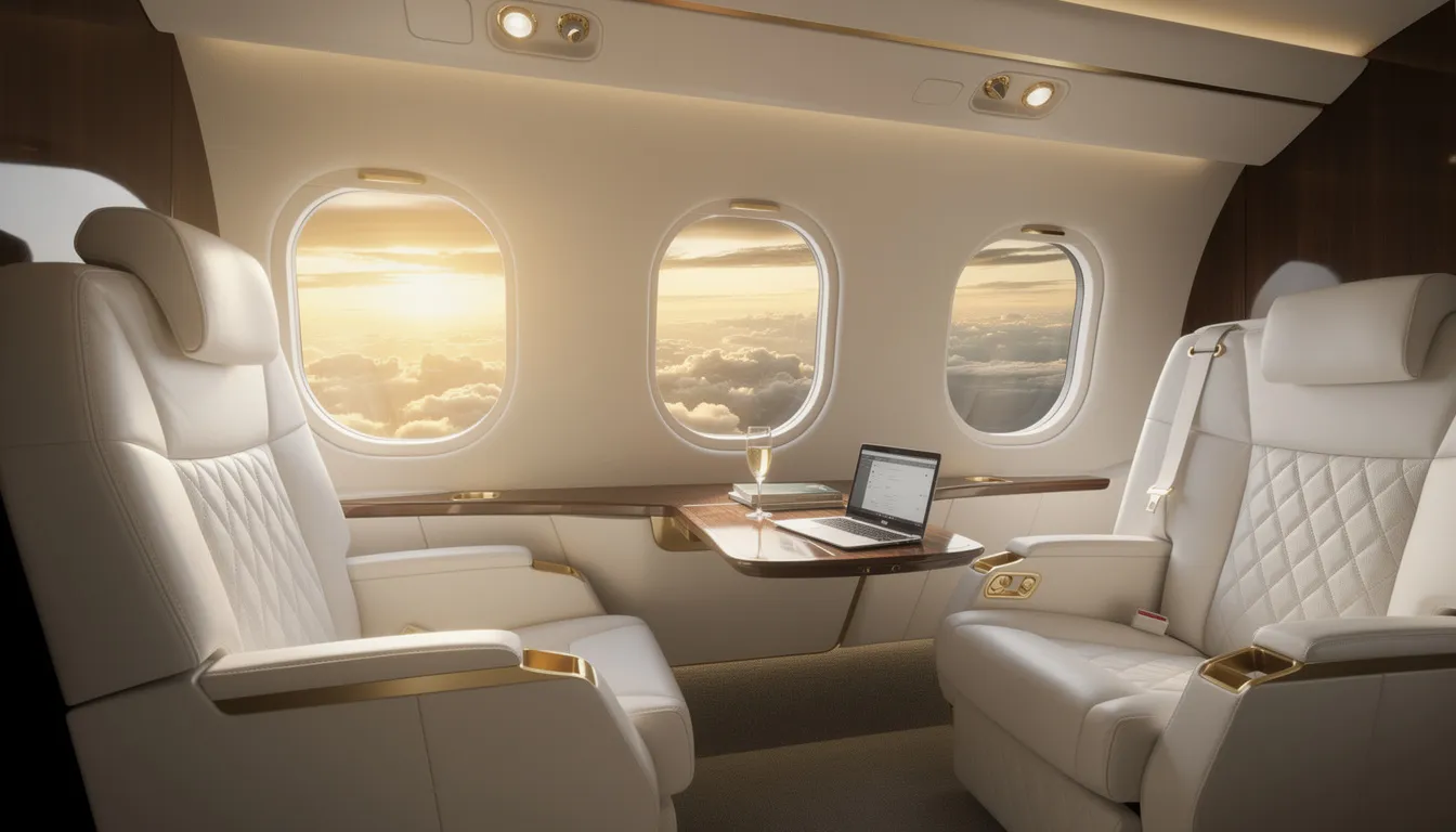 The image depicts a luxurious private jet interior, showcasing plush seating and elegant design, emphasizing the benefits of fractional jet ownership. It highlights the exceptional service and comfort that comes with private flights, providing a sense of freedom and convenience for aircraft owners and their partners.