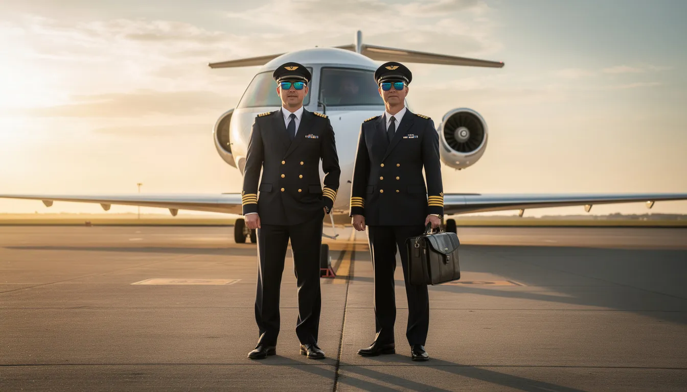 The image depicts commercial pilots standing beside a luxurious private jet at an airport, showcasing the essence of private aircraft ownership. The pilots, dressed in professional attire, embody exceptional service and expertise, highlighting the benefits of co-ownership and the advantages of flying in a whole aircraft for business or leisure.