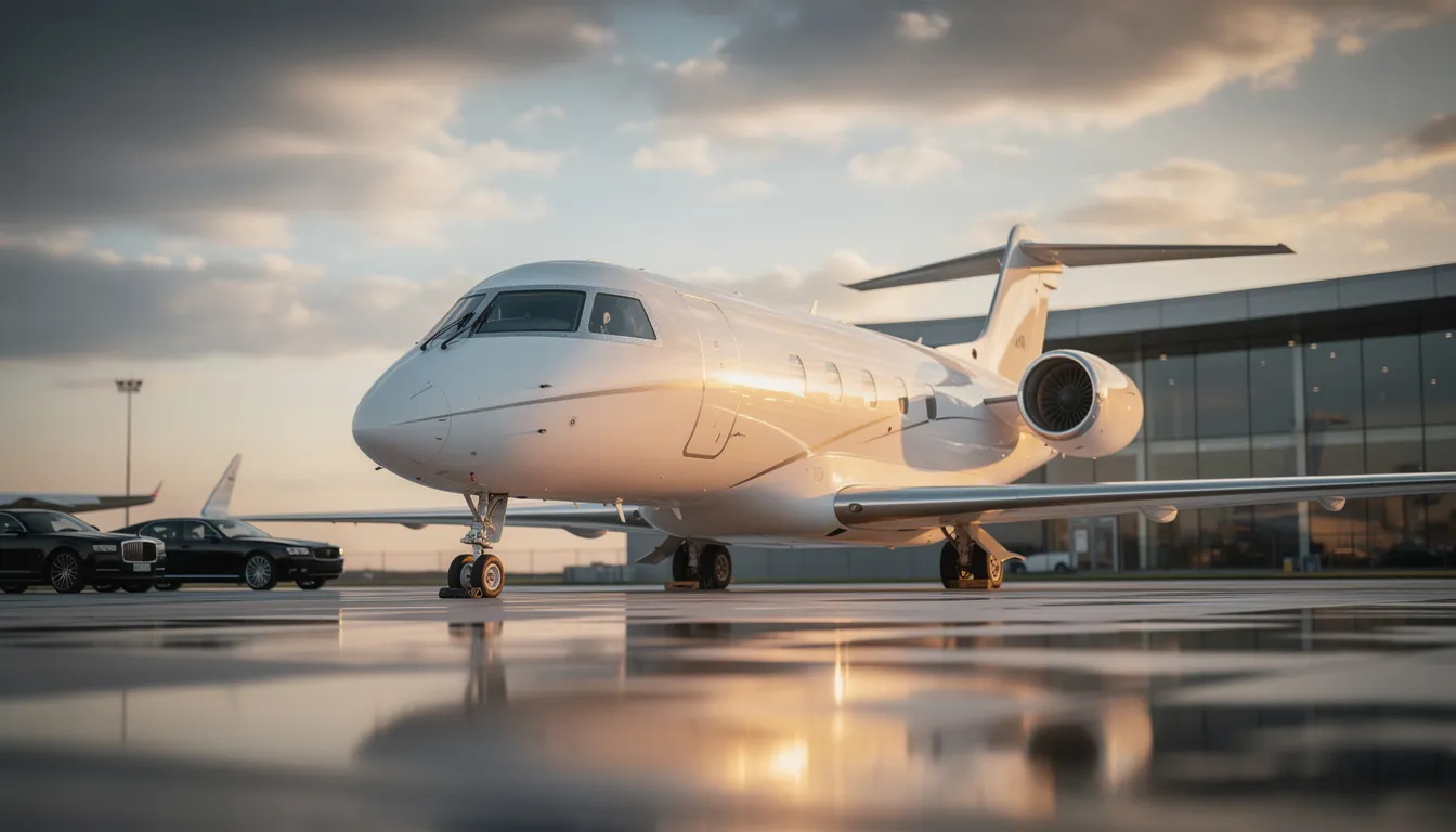 The image depicts a sleek private jet parked on an airport tarmac, symbolizing the luxury and convenience of private aviation. It highlights the benefits of fractional jet ownership and aircraft co-ownership, allowing multiple individuals to share the costs and enjoy personalized service while flying.