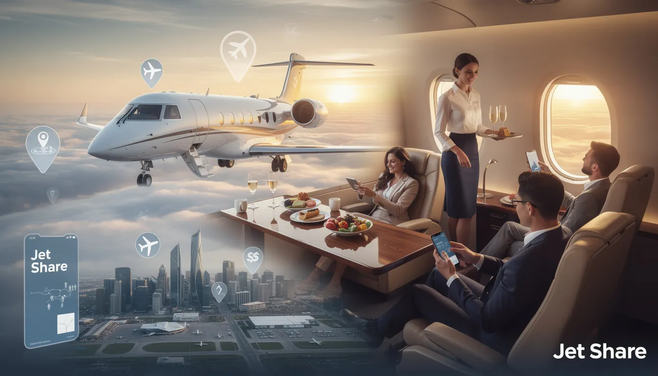 The image depicts a luxurious ride-share private jet, showcasing a spacious cabin designed for a seamless travel experience. Passengers enjoy a hassle-free journey with personalized service, avoiding long security lines typically associated with commercial flights.