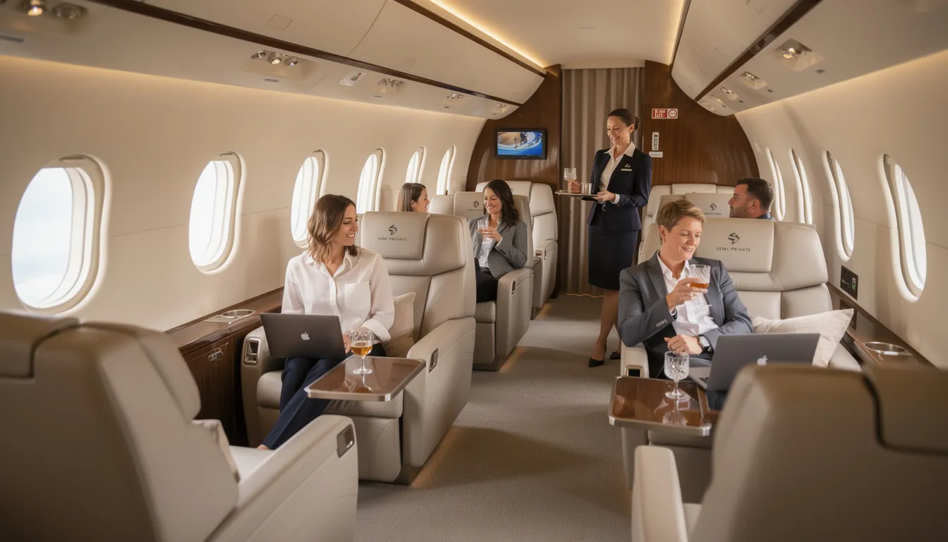 The image depicts the interior of a semi-private jet, showcasing a spacious cabin designed for comfort and luxury, with plush seating and modern amenities. This semi-private jet experience offers a hassle-free travel experience, making it an ideal choice for business travelers and those seeking a cost-effective alternative to commercial flights.