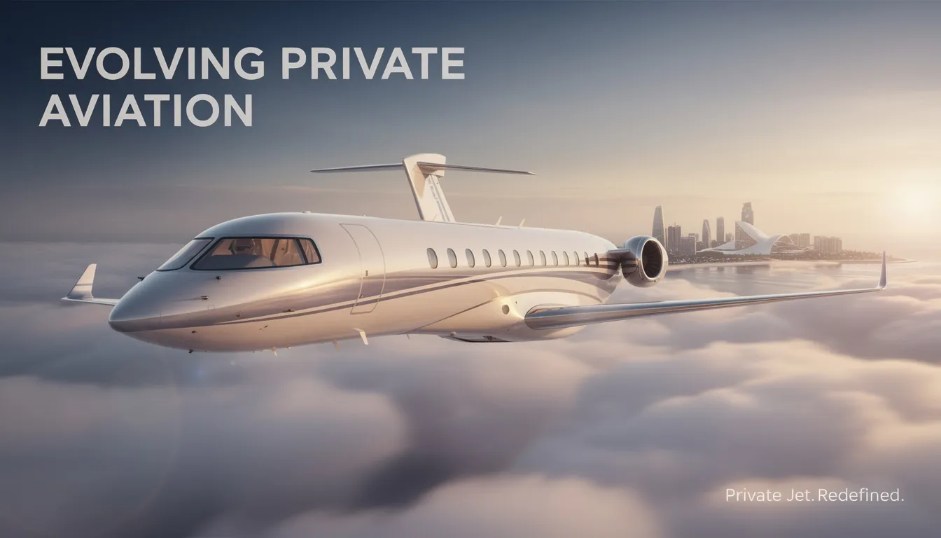 The image showcases a sleek private jet parked on a tarmac, symbolizing the evolving landscape of private aviation and fractional jet ownership. It highlights the luxury and convenience of private travel, emphasizing benefits such as guaranteed access and predictable costs associated with shared ownership programs.