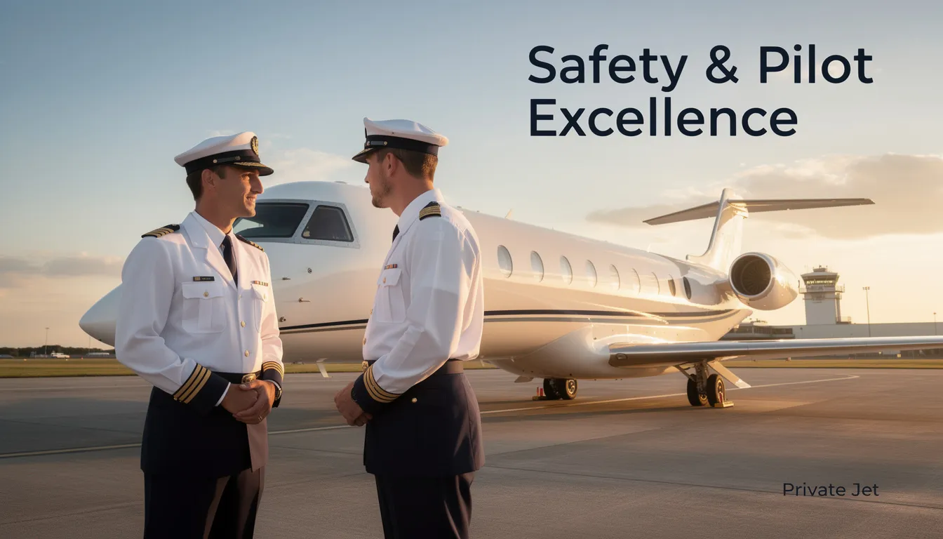 The image showcases a luxurious private jet, emphasizing safety and pilot excellence in private aviation. It highlights the benefits of fractional jet ownership, including guaranteed access to a global fleet and predictable costs for travelers seeking premium aircraft for their travel needs.