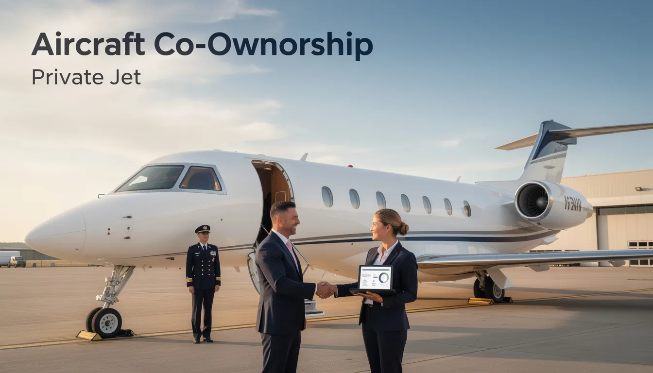 The image depicts a private jet alongside a group of individuals discussing an aircraft co-ownership agreement. They are reviewing documents that outline responsibilities and costs associated with aircraft ownership, including fixed expenses and maintenance obligations among co owners.