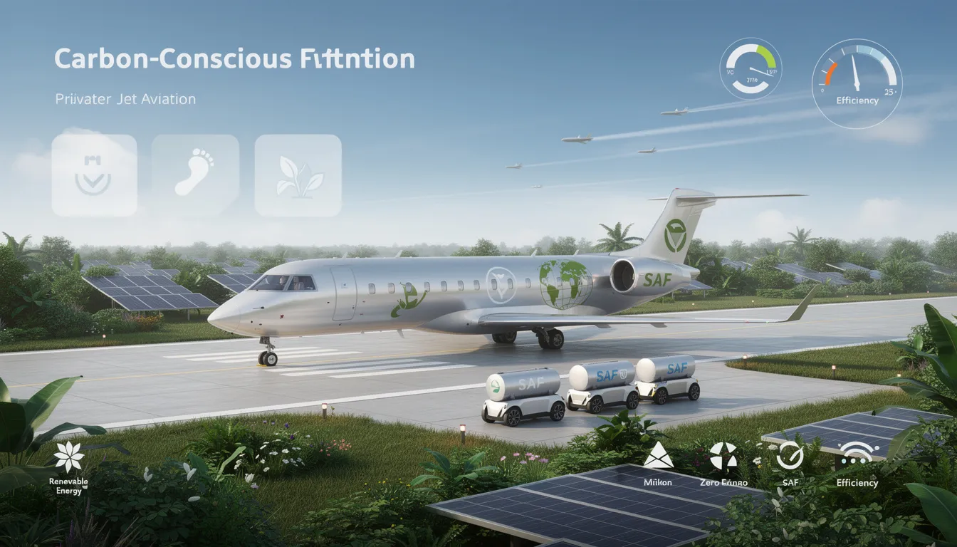 The image depicts a sleek private jet, symbolizing carbon-conscious private aviation, showcasing a modern aircraft that embodies co-ownership arrangements. It highlights the collaboration among co-owners who share financial obligations and responsibilities, emphasizing the benefits of fractional ownership in reducing direct operating costs and promoting sustainable flying practices.