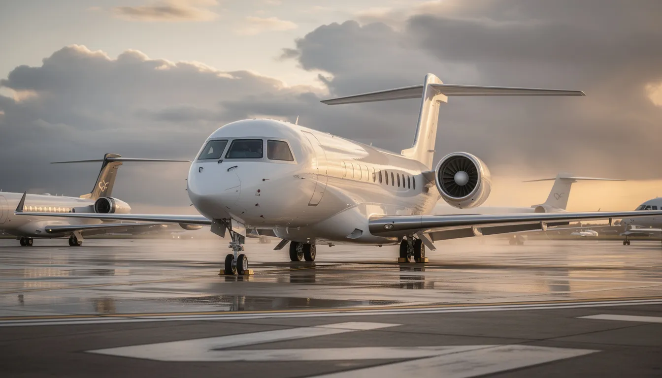 The image depicts a sleek ultra long range jet parked on a private airport tarmac, showcasing its luxurious design and spacious cabin. Ideal for private jet travel, this aircraft offers an extensive flight range for international flights, emphasizing the convenience of private jet charter services.
