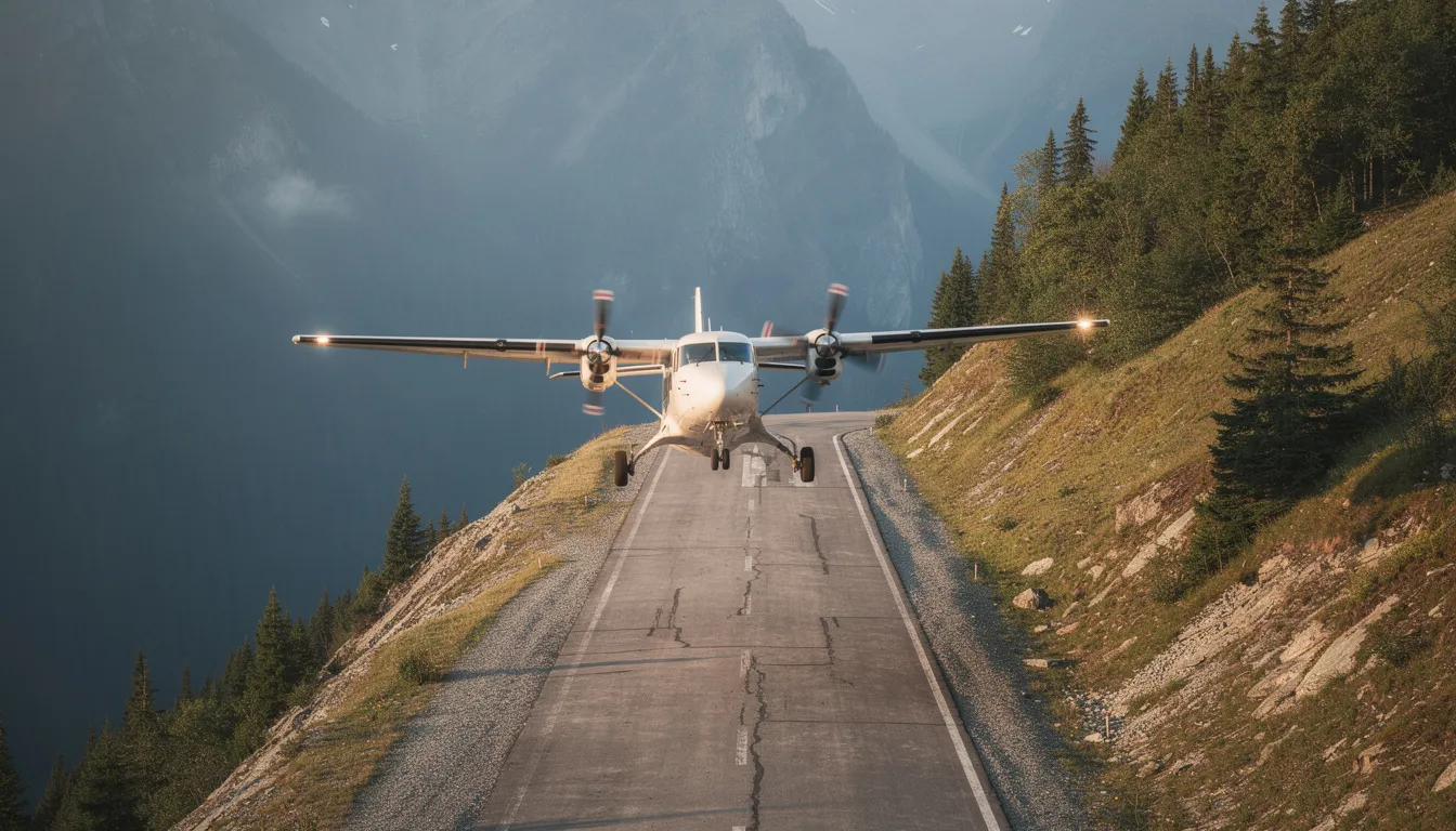 A single-engine turboprop aircraft is seen landing on a short mountain runway, surrounded by lush forest. This scene highlights the capabilities of small private jets, which can access remote destinations and smaller airports with ease.