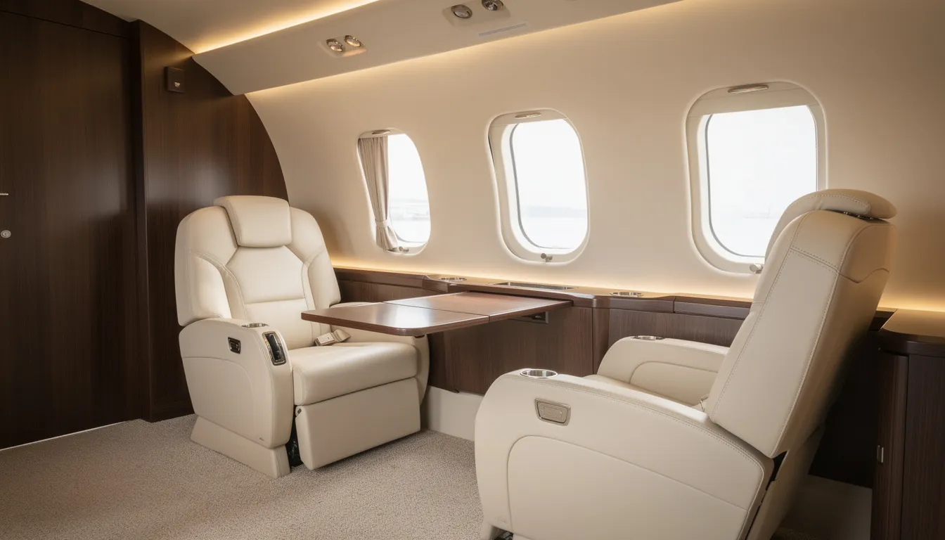 The image depicts a modern private jet interior featuring plush cream leather seats and elegant wood accent panels, designed for comfort and luxury during flights. This stylish environment caters to up to six passengers, making it an ideal choice for business travel or personal aviation in a small private jet.